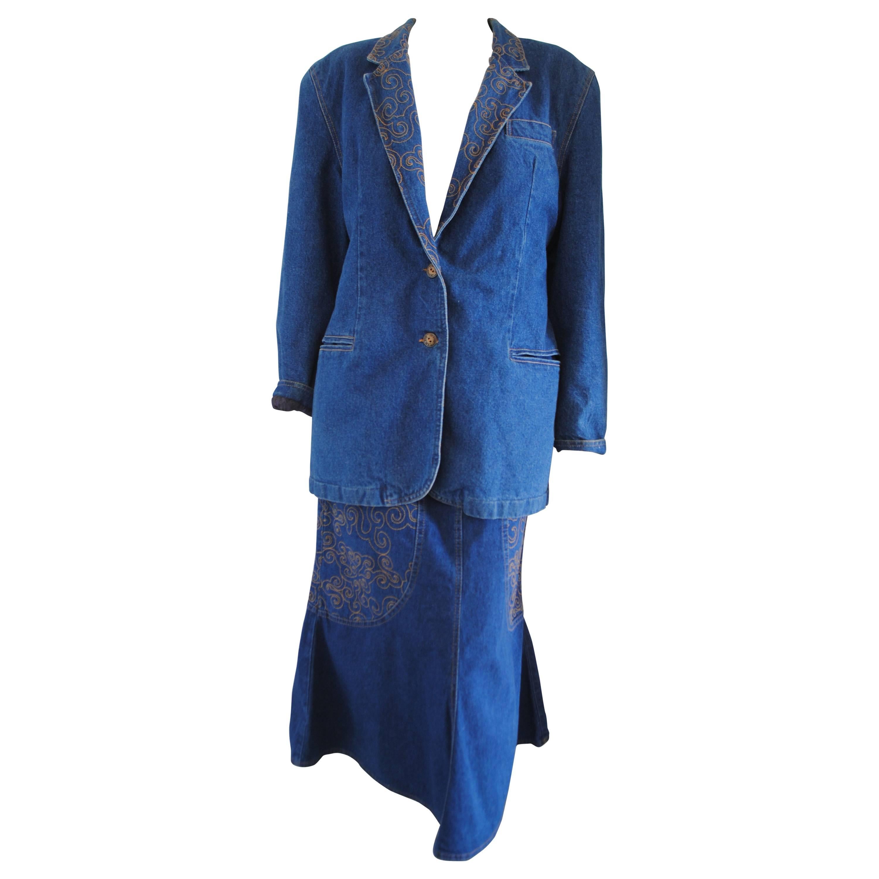 1980s Lancetti Denim Skirt Suit