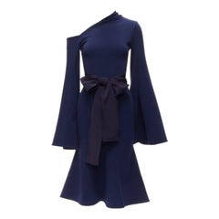 SOLACE LONDON Haso navy blue asymmetric stretch crepe bell sleeves dress UK4 XXS