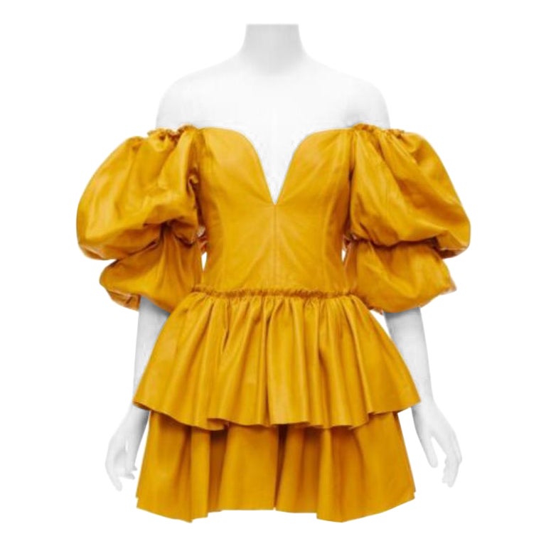 AJE 2019 Castellain mustard yellow leather puff sleeve tiered mini dress UK6 XS
