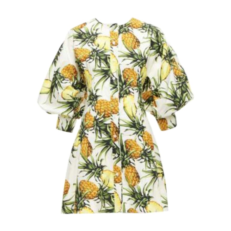 OSCAR DE LA RENTA 2021 yellow white pineapple print puff sleeve dress US2 S For Sale