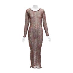 KAAT TILLEY Vintage brown red green crinkled round neck  sheer dress FR36 S