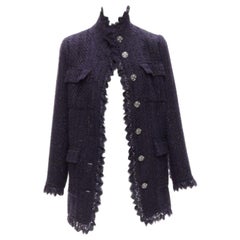 MOISELLE navy blue metallic tweed ruffle trim 4 pocket long jacket coat FR38 M