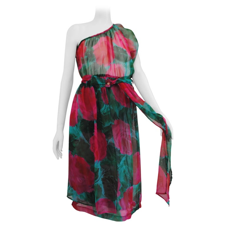 1980s Vintage Green Flower §One Shoulder Dress at 1stDibs