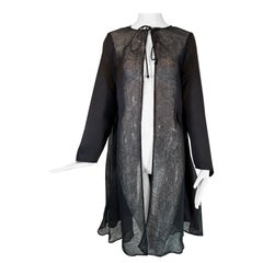 Geoffrey Beene 1990s Black Satin & Organza Panel Metallic Trim Tie Neck Coat