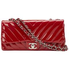 2000s Chanel Red Chevron Quilted Patent Leather East West Single Flap Bag