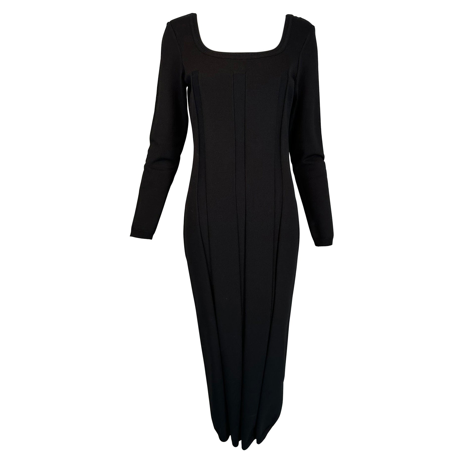 Salvatore Ferragamo Black Ribbed Knit Jersey Square Neck Body Con Dress 1990s M For Sale