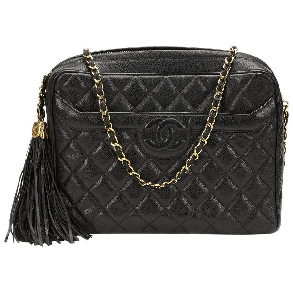 1990s Chanel Black Quilted Caviar Leather Vintage Camera Bag