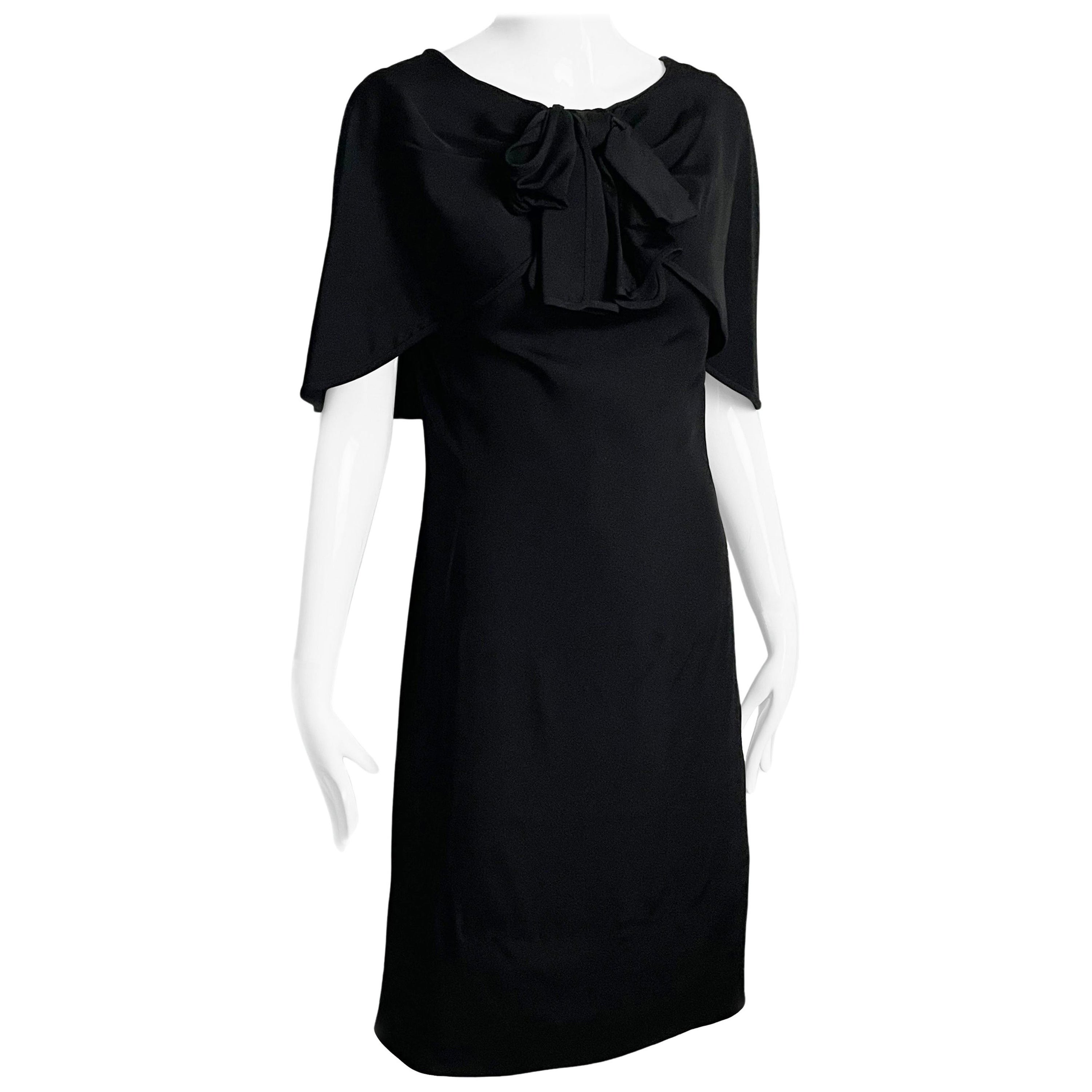 Pauline Trigere Dress Black Silk Cocktail Style Draped Shawl Collar Vintage LBD For Sale