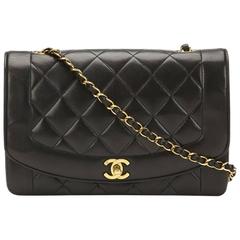 1990s Chanel Black Quilted Lambskin Vintage Diana Classic Single Flap Bag
