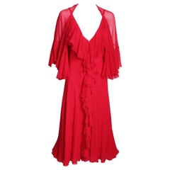 Pauline Trigere Dress with Shawl 2pc Set Red Silk Chiffon Ruffles Cocktail Party