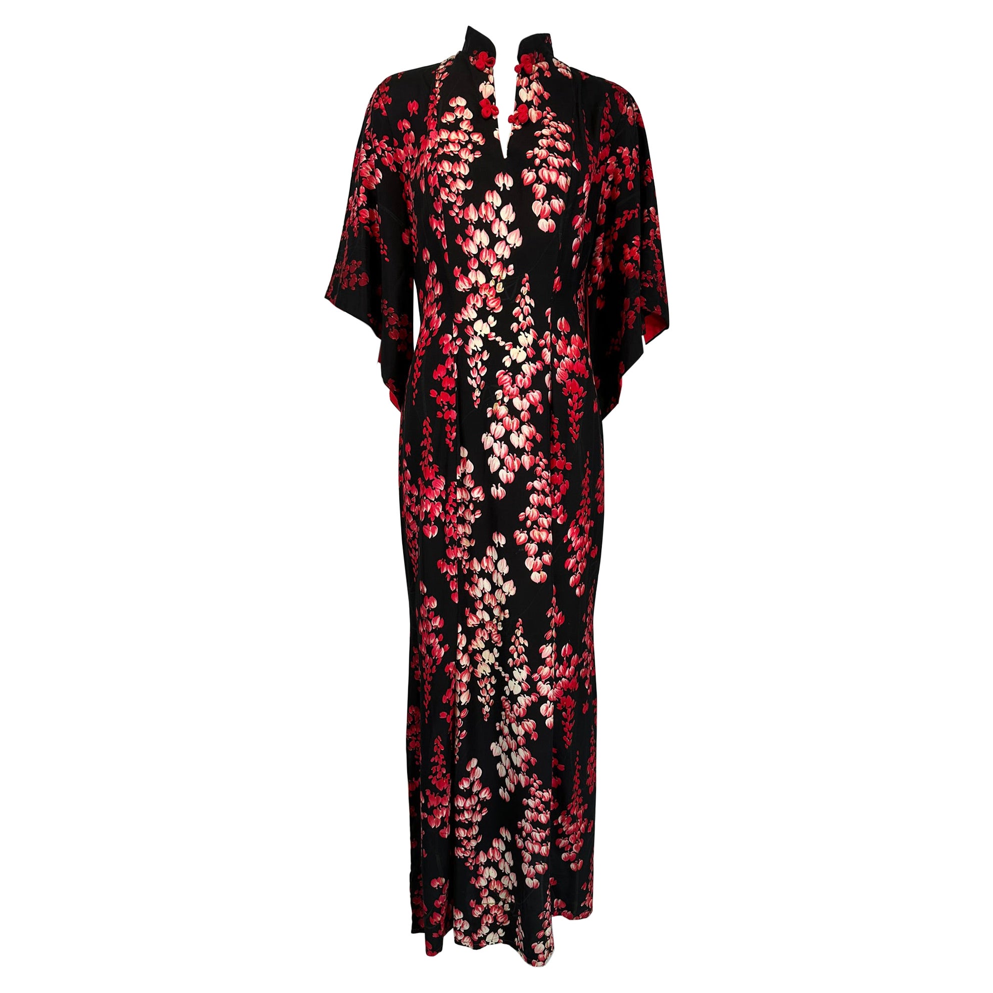 Lurline Casuals Waikiki Hawaiian Pake Muu Dress Bleeding Hearts Black Red 1950s For Sale