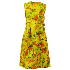 1960s Italian Couture Floral Print Silk Cocktail Dress 