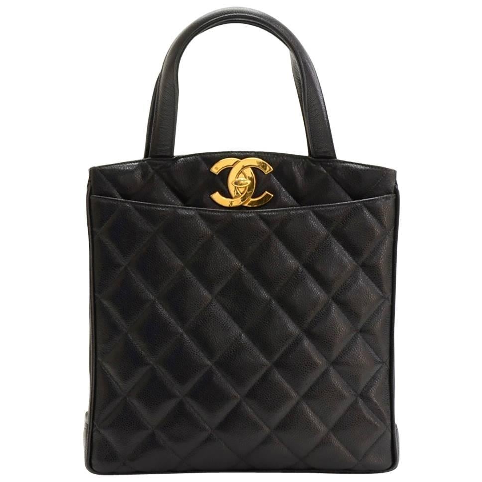 1995 Chanel Black Quilted Caviar Leather Vintage Timeless Tote
