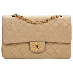 1990s Chanel Beige Quilted Lambskin Vintage Medium Classic Double Flap Bag