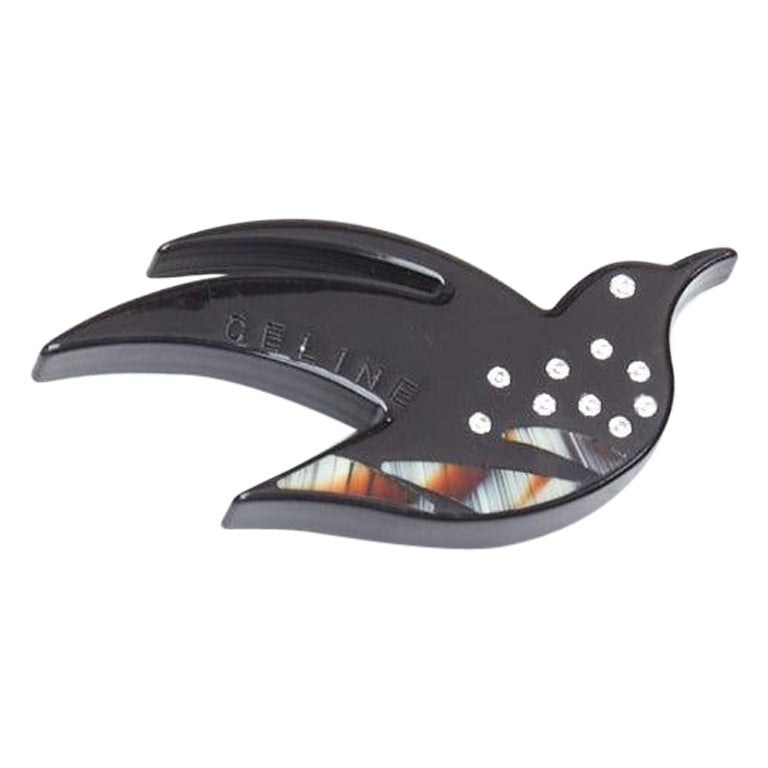 CELINE Vintage black acrylic clear crystal bird large pin brooch For Sale