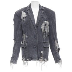 MARKGONG grey denim clear beads chain embellished blazer FR36 S