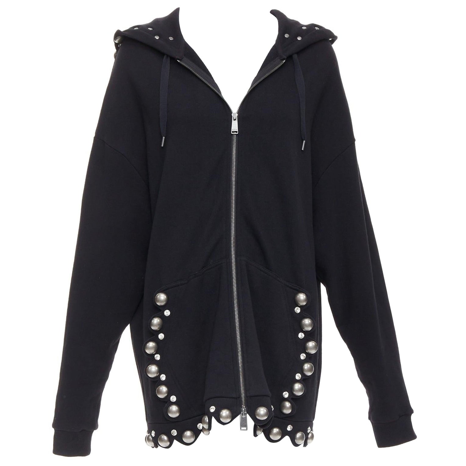 AREA Crystal Dome black cotton silver stud embellished hoodie XS For Sale