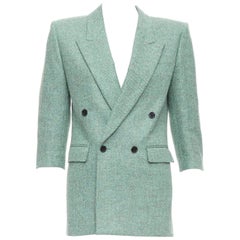 SAINT LAURENT 2022 Runway green wool tweed power shoulder power blazer minidress