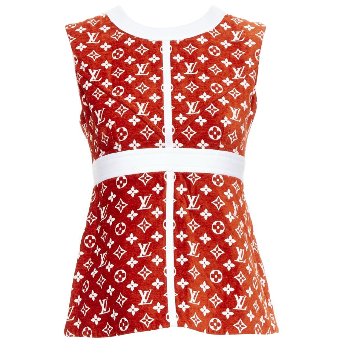 LOUIS VUITTON 2022 rosso bianco LV monogram oro zip posteriore peplum top FR34 XS