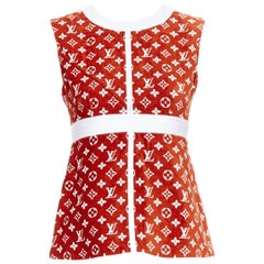 LOUIS VUITTON 2022 rot weiß LV Monogram gold Rücken Reißverschluss Schößchen Top FR34 XS