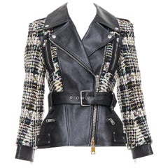 ALEXANDER MCQUEEN 2023 Hybrid punk black leather tweed biker jacket IT36 XXS