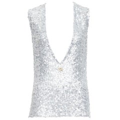 DOLCE GABBANA 2022 Runway silver sequins DG charm plunge neck top IT36 XXS