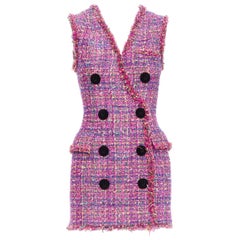BALMAIN multicolor pink tweed black velvet buttons vest dress FR34 XS