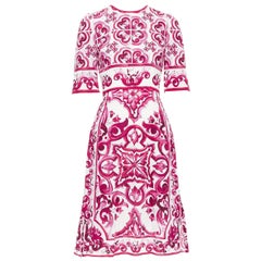DOLCE GABBANA Happy Garden pink cream Majolica silk midi dress IT38 XS