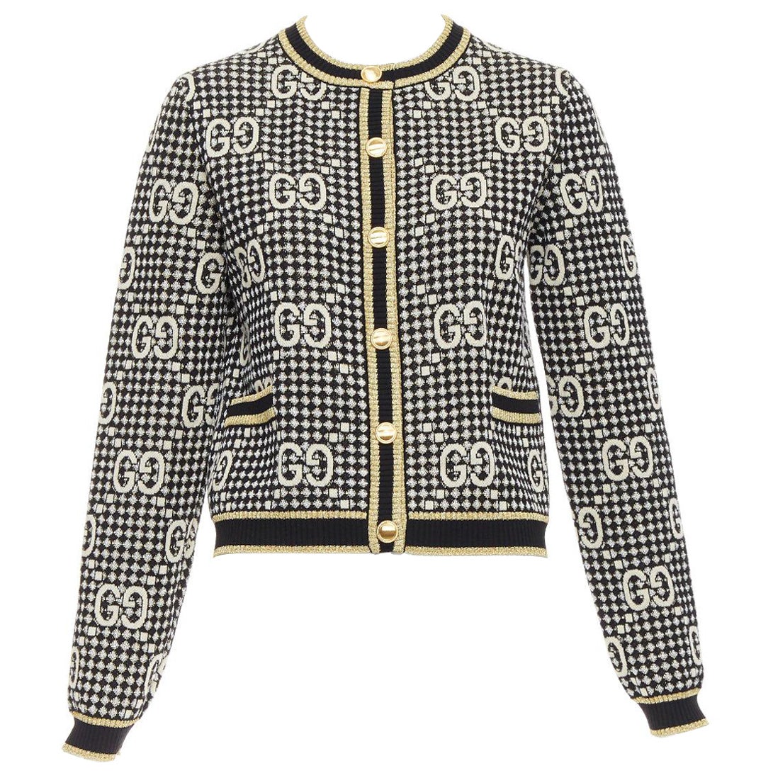 GUCCI gold lurex wool blend monogram jacquard preppy cardigan S For Sale