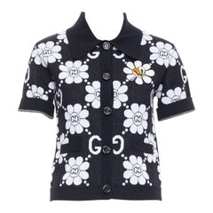 GUCCI 2024 black white cotton blend floral daisy knit polo cardigan S