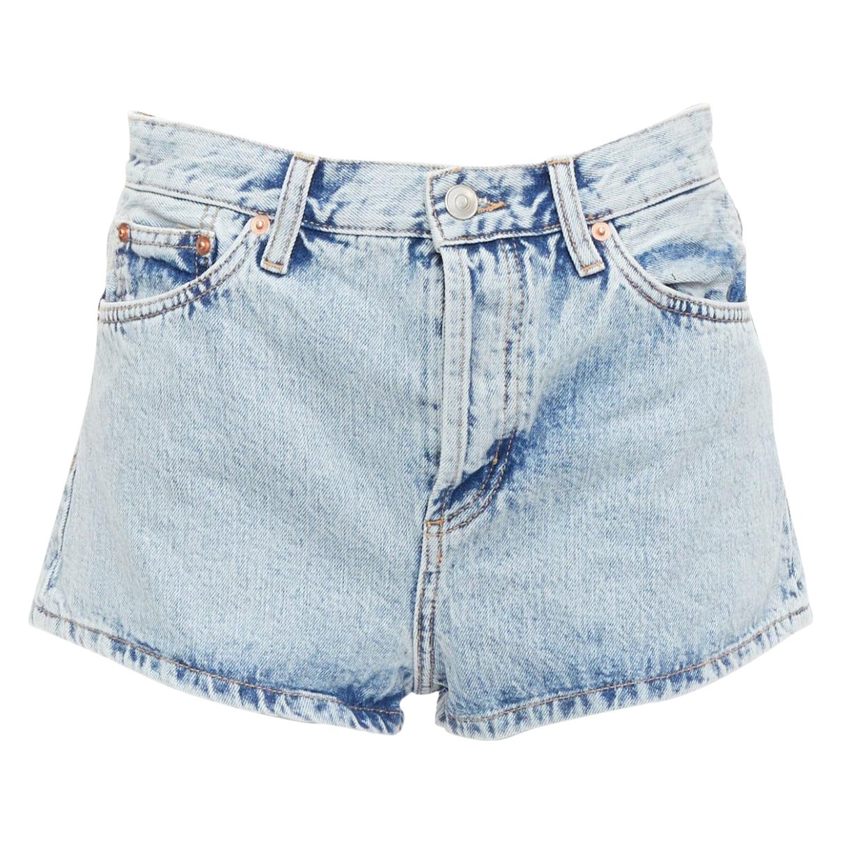 WARDROBE NYC stone wash blue leather tag mid denim shorts 25" For Sale