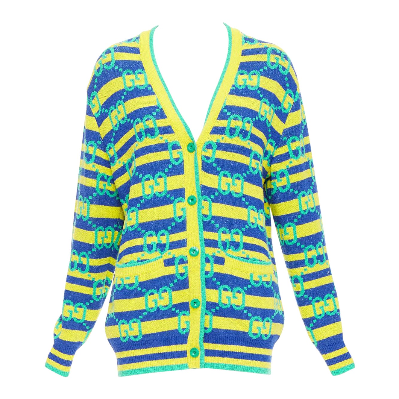 GUCCI green yellow blue GG monogram stripe cardigan XS For Sale