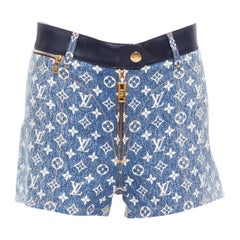 LOUIS VUITTON blue monogram jacquard denim leather trim zip shorts FR34 XS
