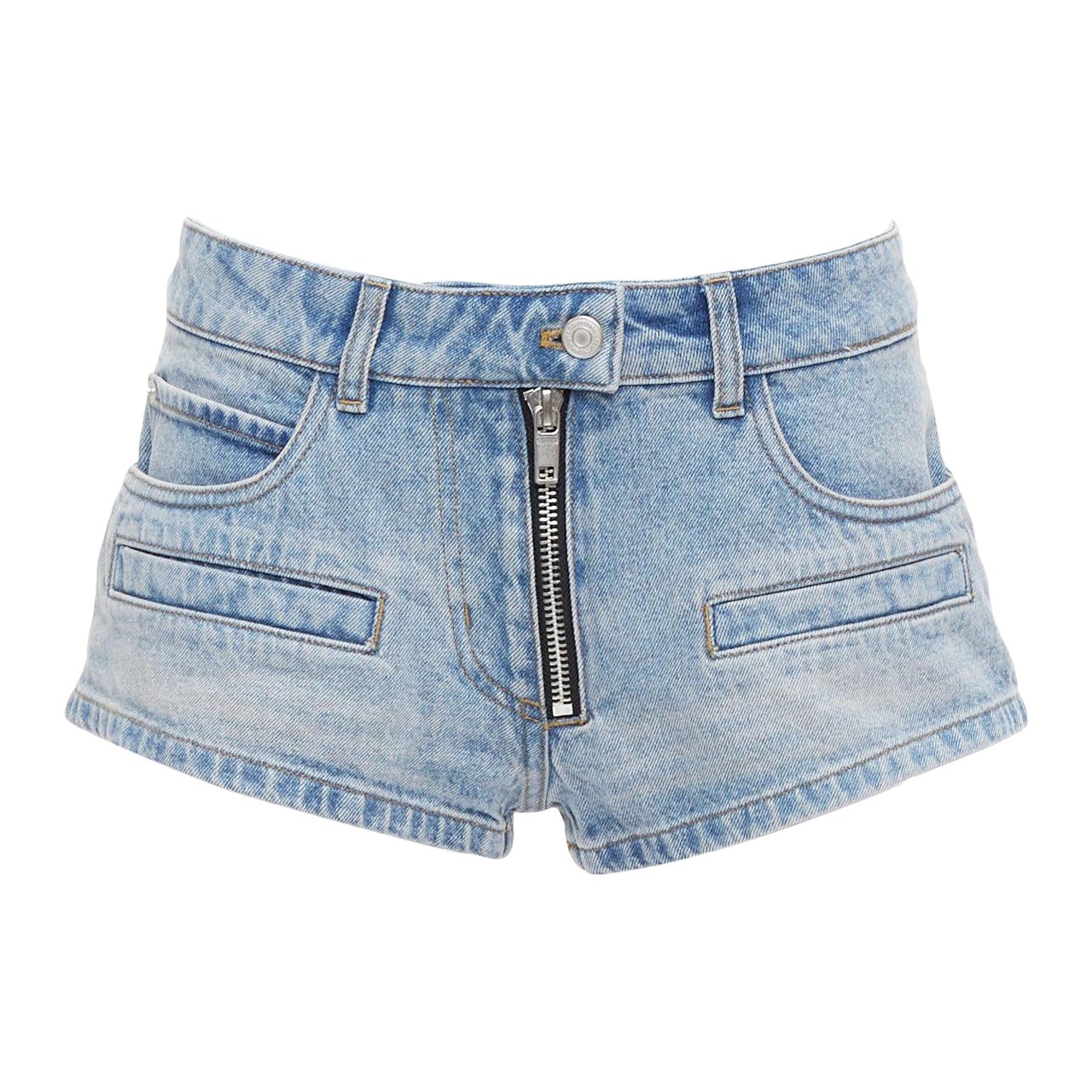 COURREGES blue washed denim zip multi pocket micro shorts 26" For Sale