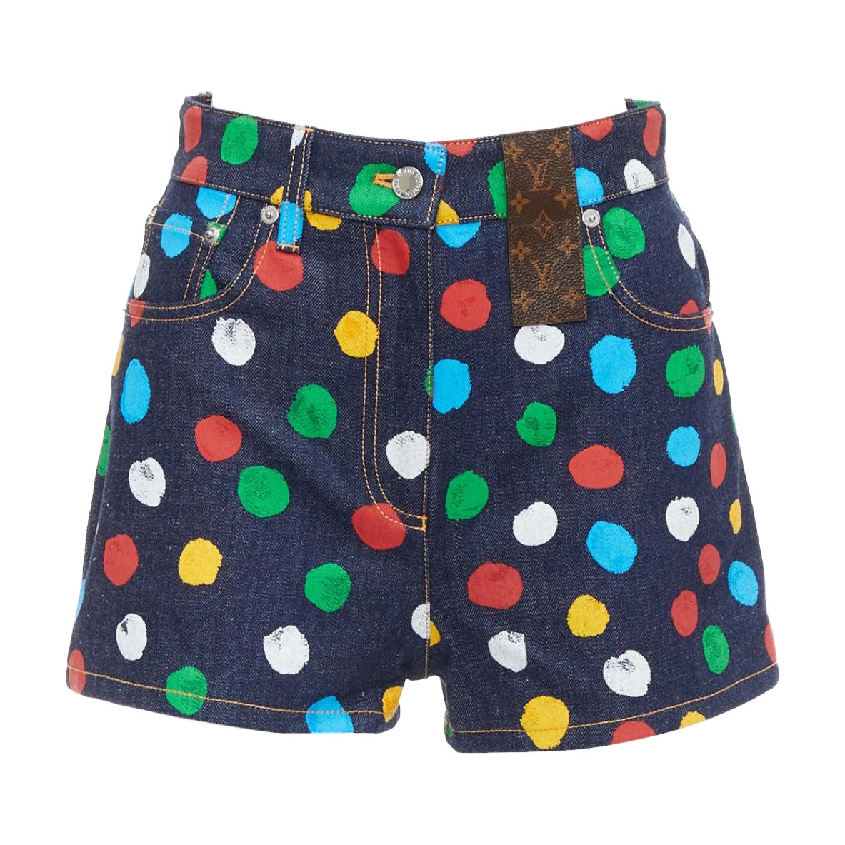LOUIS VUITTON Yayoi Kusama Painted Dots logo patch denim shorts FR34 XS For Sale