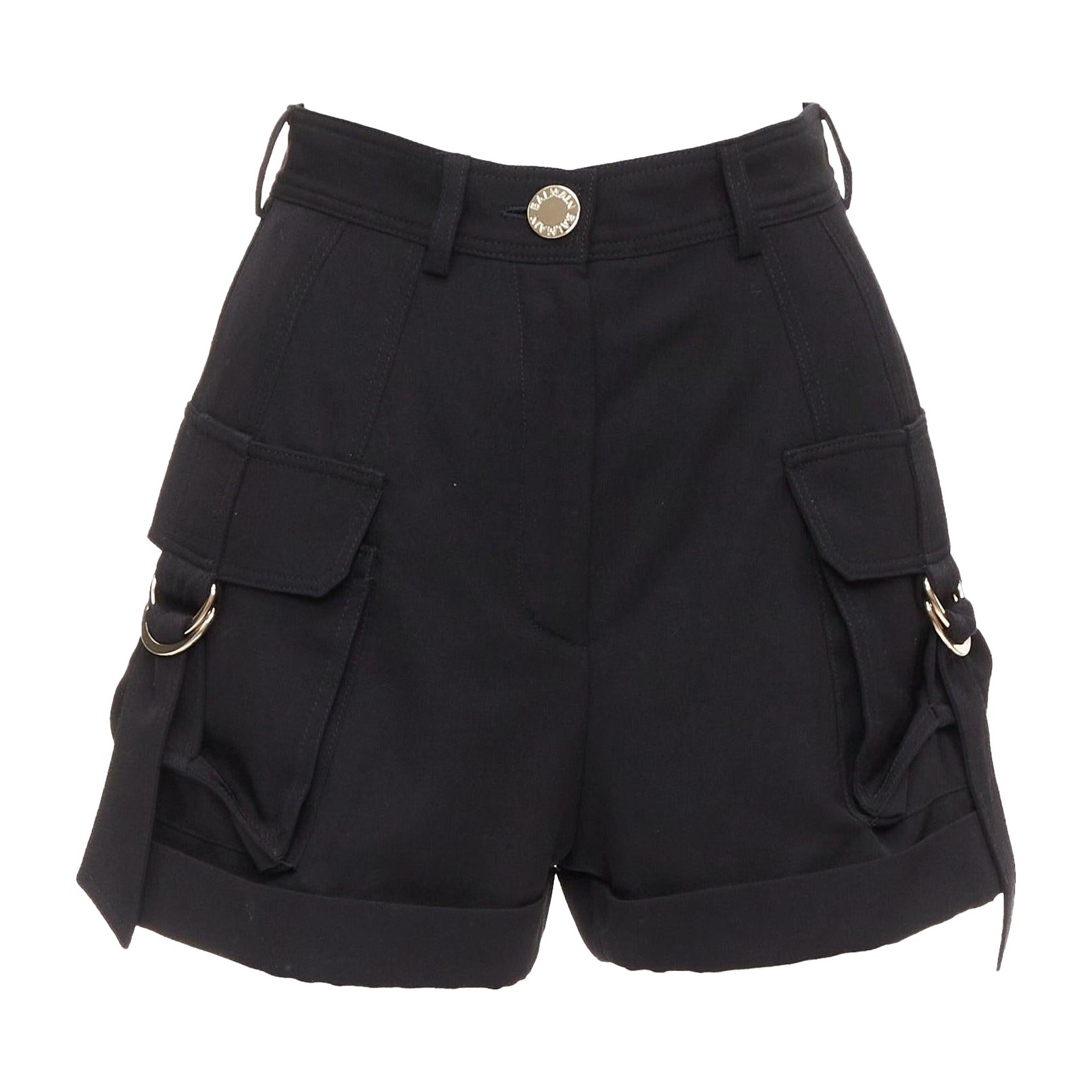 BALMAIN black wool gold logo button pocketed cargo shorts FR36 S For Sale