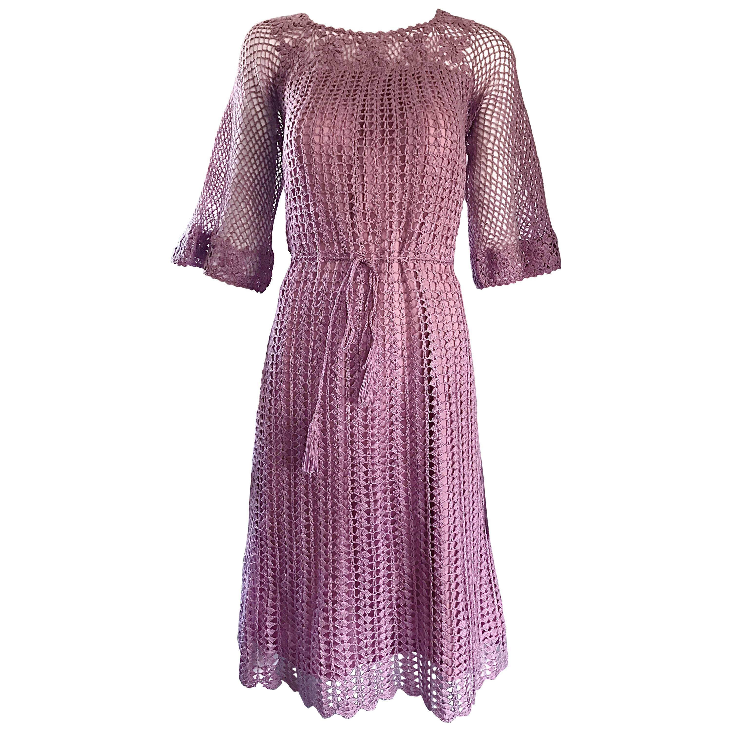 Beautiful 1970s Hand Crochet Pink Rose Bell Sleeve Chic Boho 70s Vintage Dress  For Sale