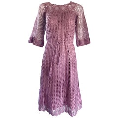 Beautiful 1970s Hand Crochet Pink Rose Bell Sleeve Chic Boho 70s Vintage Dress