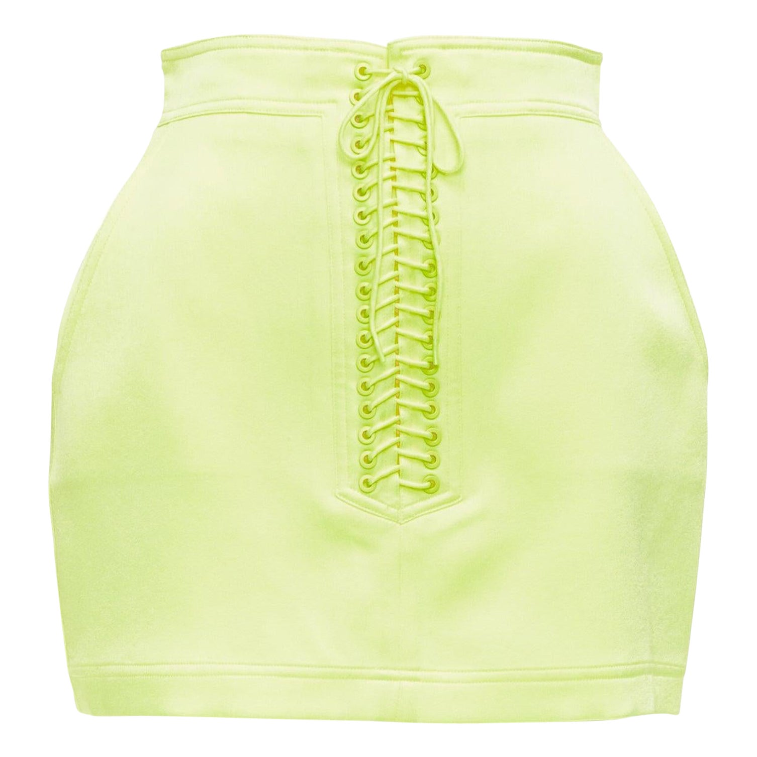 ALEX PERRY Spence, minigonna arrotondata in raso giallo neon con pizzo UK6 XS