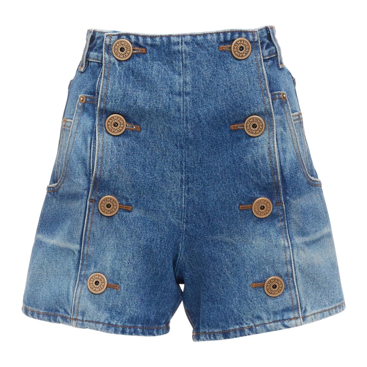 BALMAIN blue washed bronze coin button high waisted denim shorts FR36 S For Sale