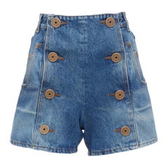 Balmain, pantaloncini in denim a vita alta FR36 S con bottone a moneta in bronzo lavato blu