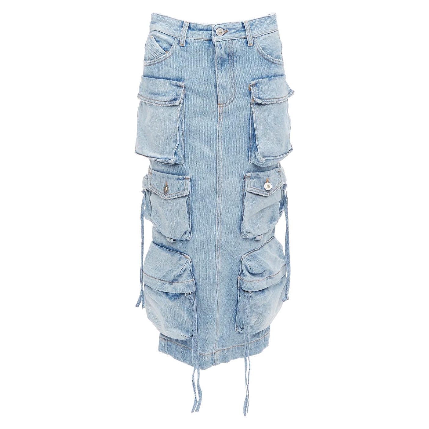 THE ATTICO blue washed denim multi pocket cargo midi skirt 24" For Sale