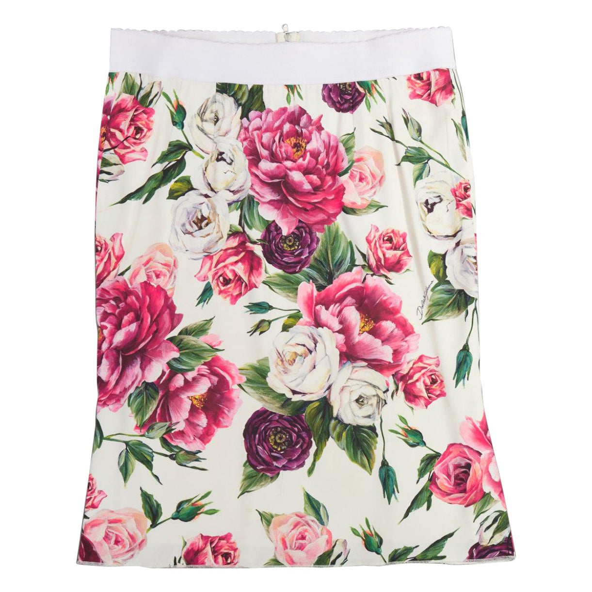 DOLCE GABBANA blanc rouge imprimé floral soie doublée jupe élastique au genou IT48 XXL