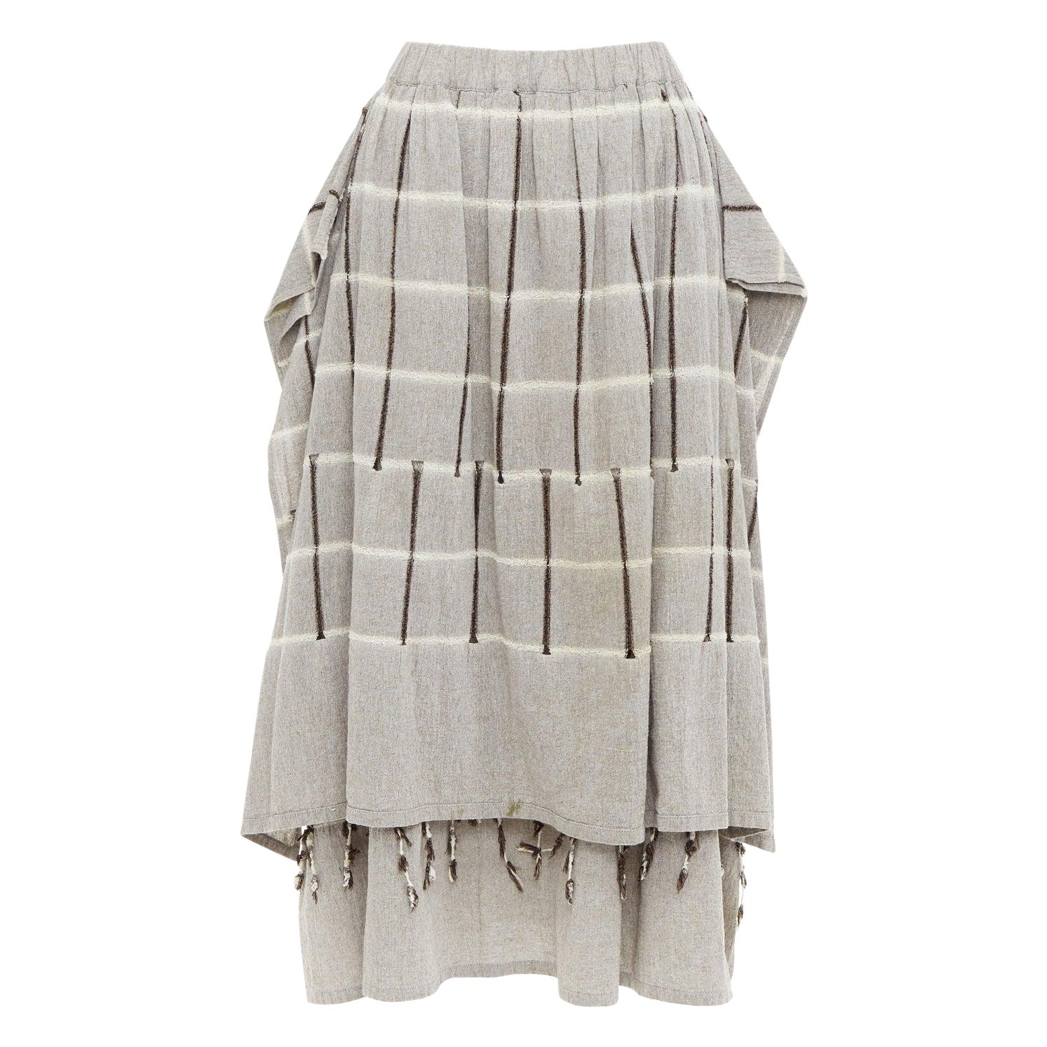 ISSEY MIYAKE 1980's Vintage grey checked fringe trim layered skirt M Rare For Sale
