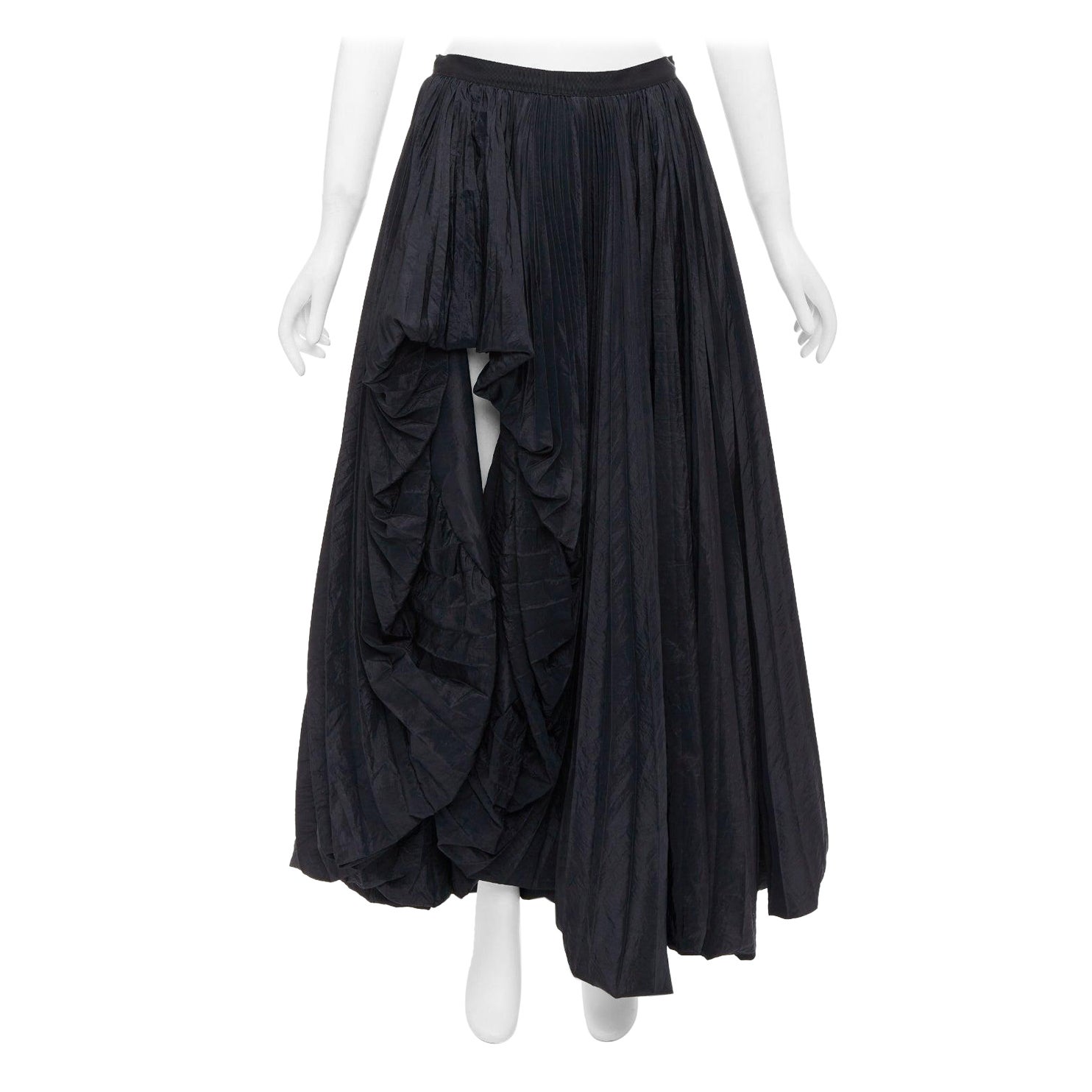 E. STOTT Ellen black pleated taffeta hi low side slit midi skirt UK10 M in vendita