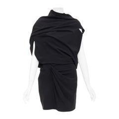 DONNA KARAN black drape cowl wrap front ruched dress US2 S