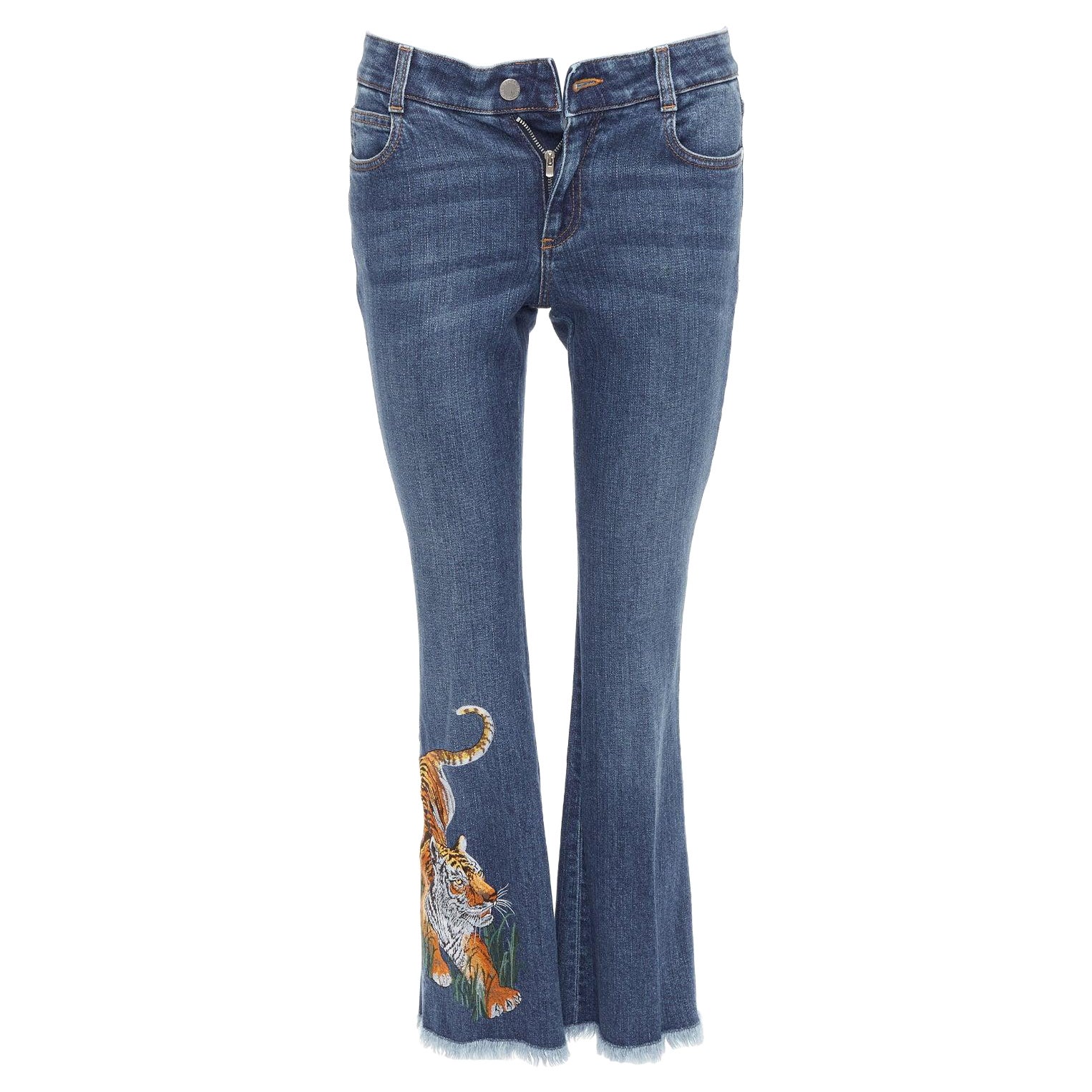 STELLA MCCARTNEY 2016 brown tiger embroidery blue flare jeans 26" For Sale