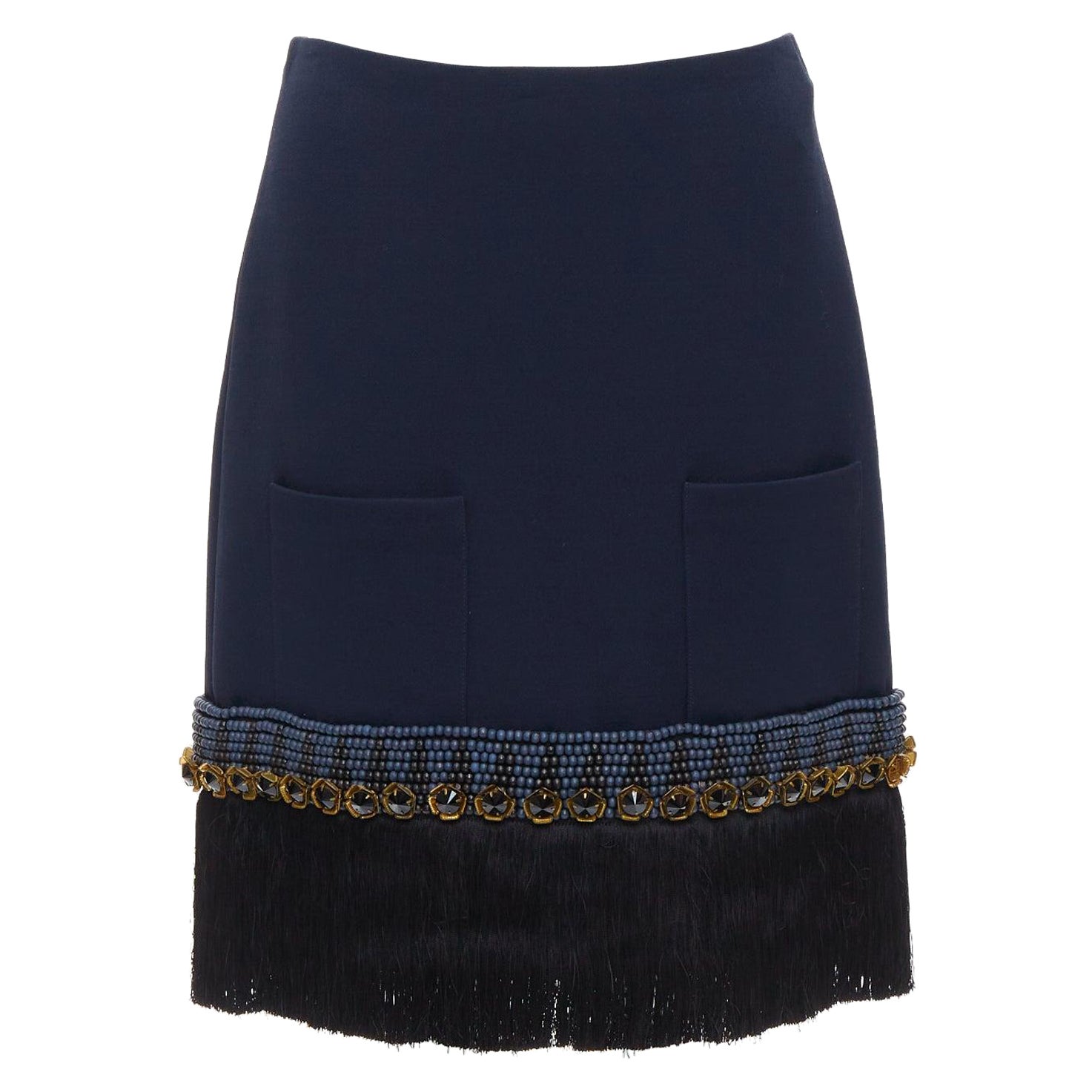 MARNI navy bead black crystal fringe embellished hem knee skirt IT38 XS For Sale