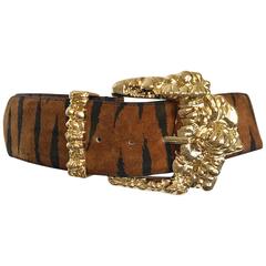 Fabulous 1990s Tiger Animal Print Oversized Vintage 90s Belt w Large Gold Buckle