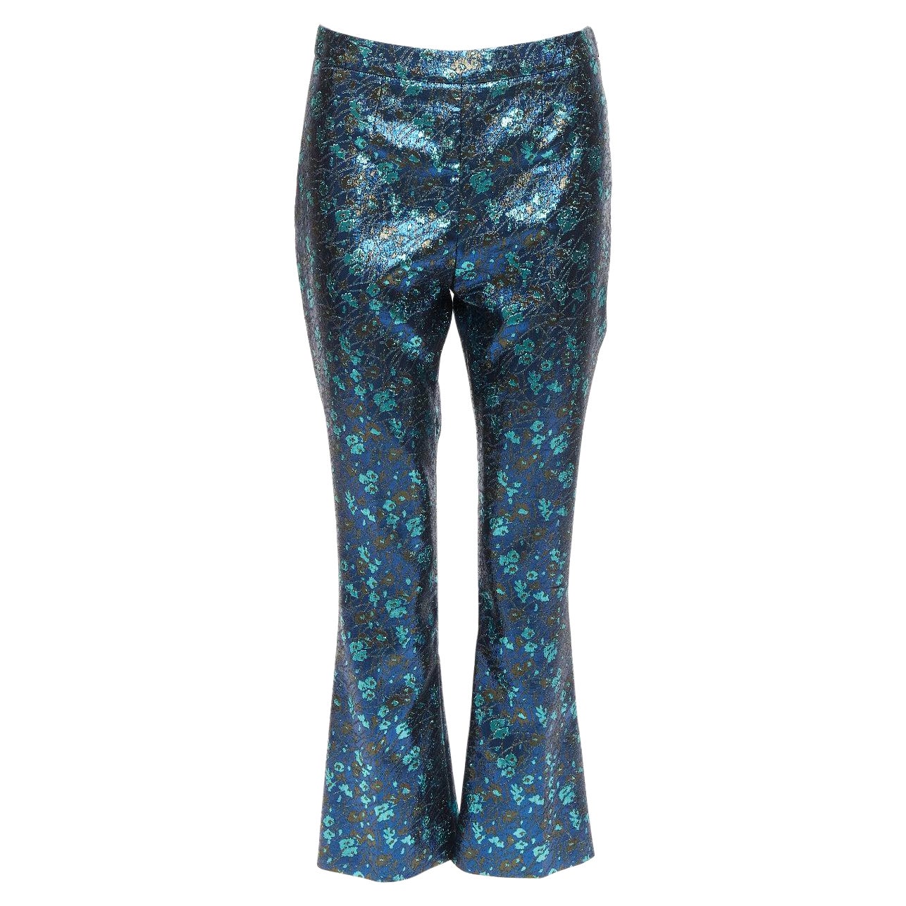 PRADA metallic blue green floral lurex brocade crop pants trousers IT38 XS For Sale